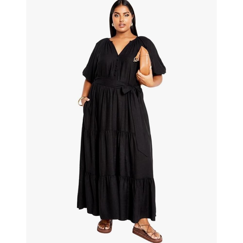 NWT City Chic Black Linen Blend VNeck Long Sleeve Tiered Maxi Marcia Dress US 16